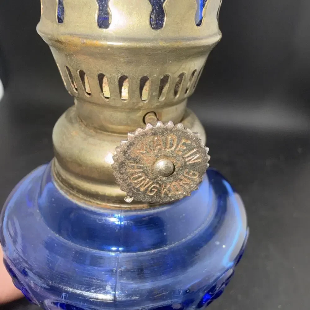 Vintage Hong Kong Cobalt Blue Glass Mini Oil Lamp Kerosene Lamp Brass Base